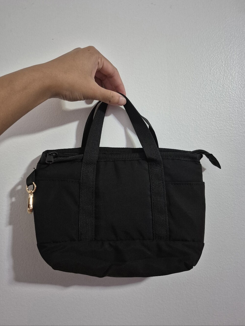 Small Black Zipper Top Handle Tote Bag Purse with 2 Side Pockets
